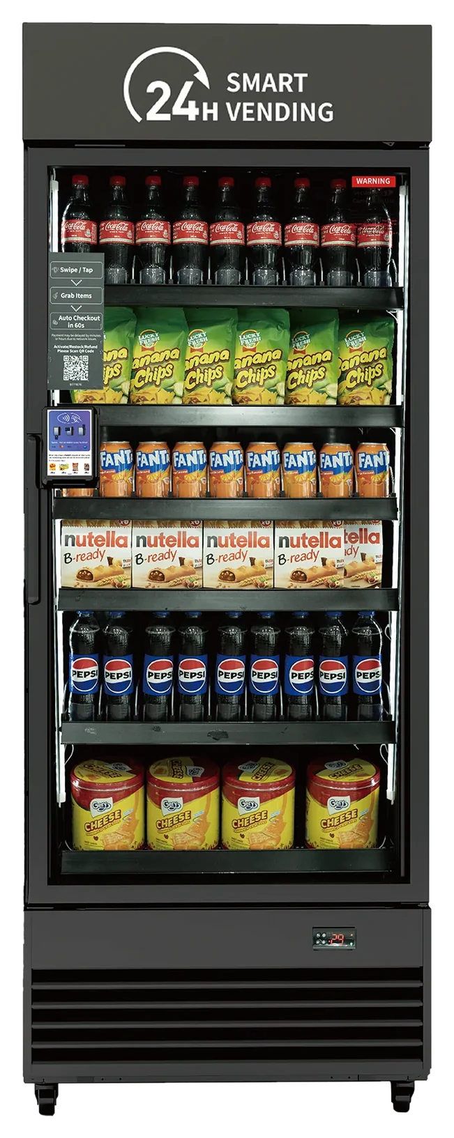 A Chippy smart vending cooler, stocked with snacks and drinks, with a card reader and touchscreen on the door